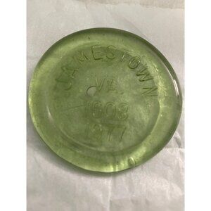 Jamestown VA Clear Green Blown Glass Round Paperweight 1608-1977 3.24 Diameter